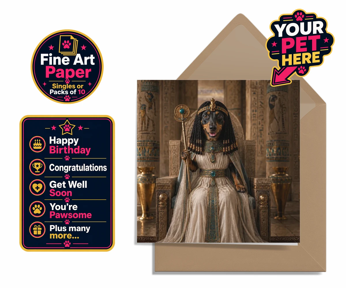 Personalised Queen Of The Nile dog premium greetings cards featuring step into the whimsical world of the Queen of the Nile, where your bel