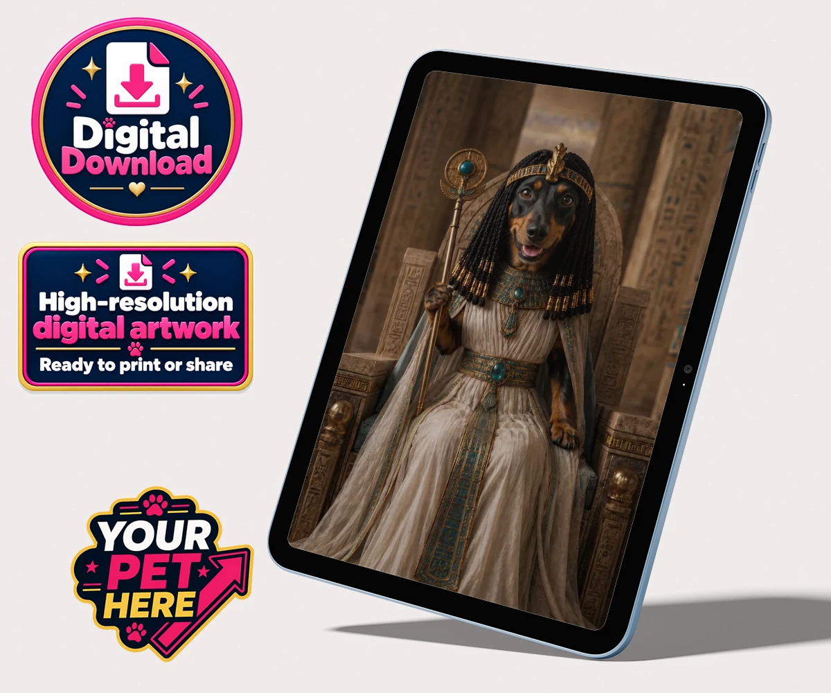 Personalised Queen Of The Nile dog personalised digital downloads featuring step into the whimsical world of the Queen of the Nile, where your bel