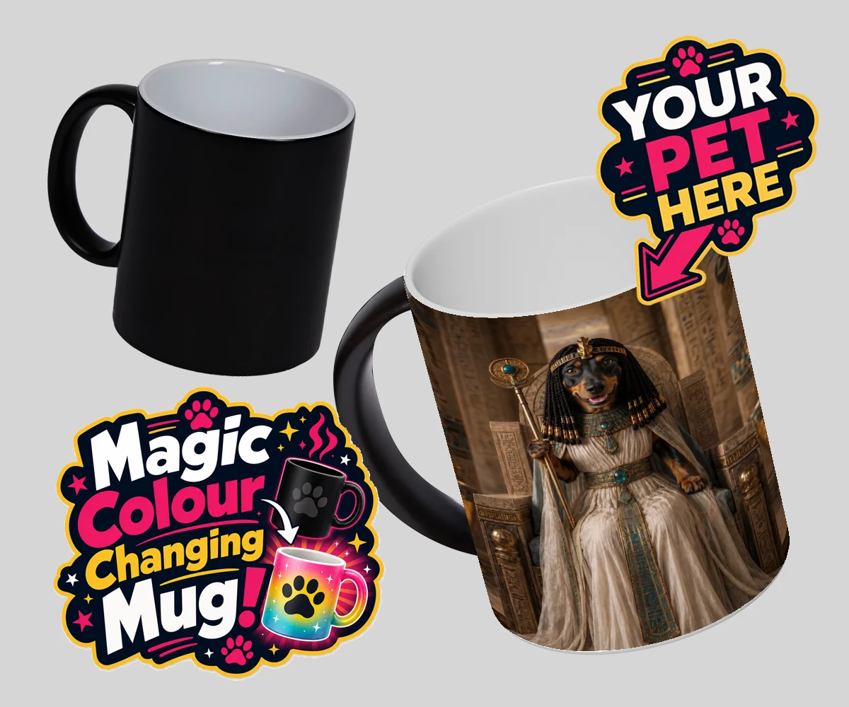 Personalised Queen Of The Nile dog magic photo mugs featuring step into the whimsical world of the Queen of the Nile, where your bel