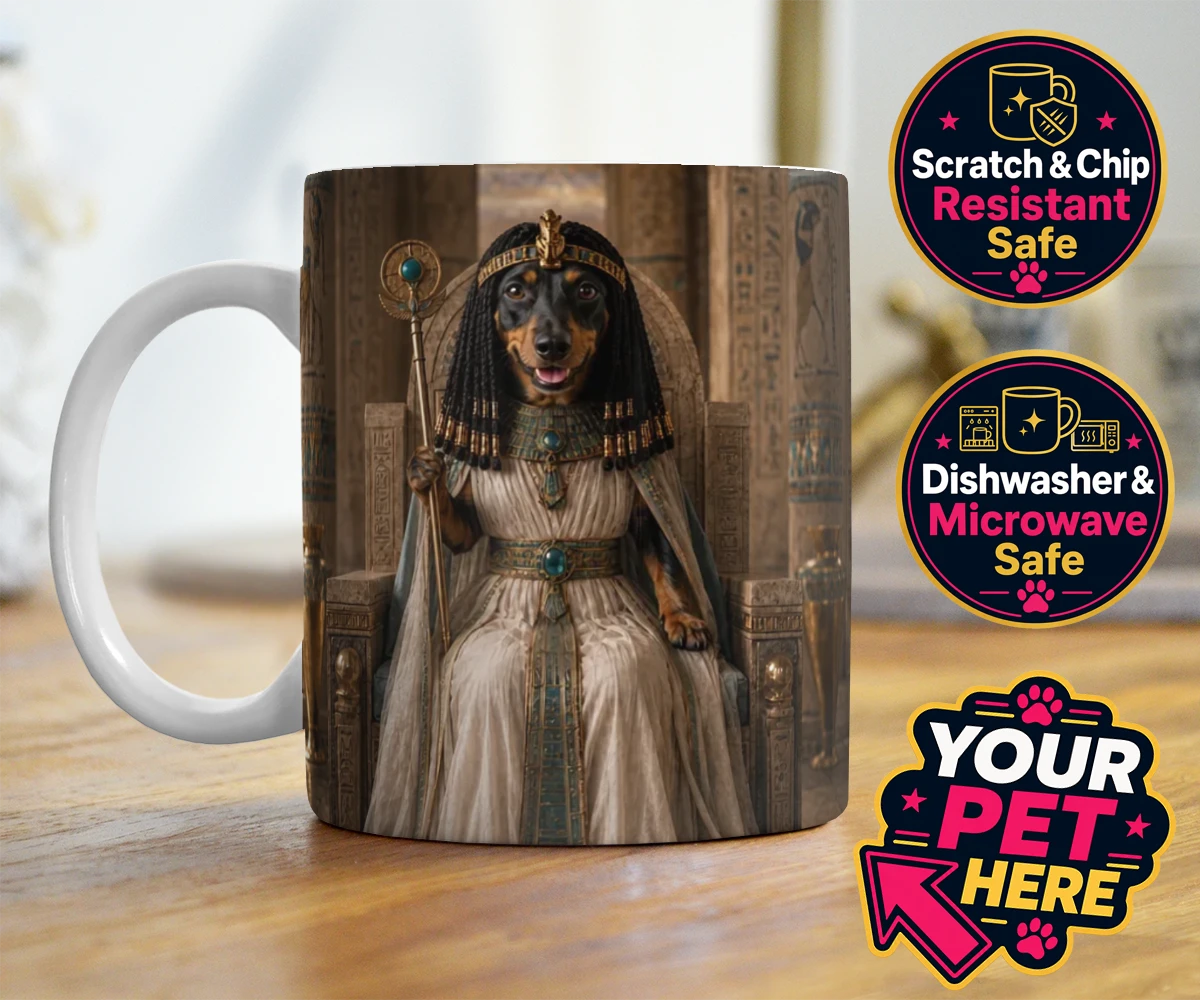 Personalised Queen Of The Nile dog photo mugs featuring step into the whimsical world of the Queen of the Nile, where your bel