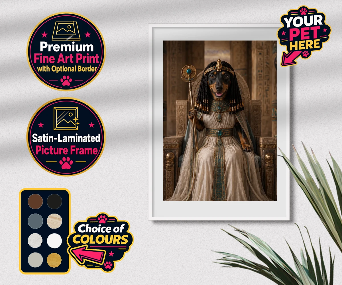 Personalised Queen Of The Nile dog premium framed print featuring step into the whimsical world of the Queen of the Nile, where your bel