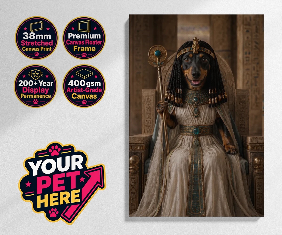 Personalised Queen Of The Nile dog stretched canvas print featuring step into the whimsical world of the Queen of the Nile, where your bel