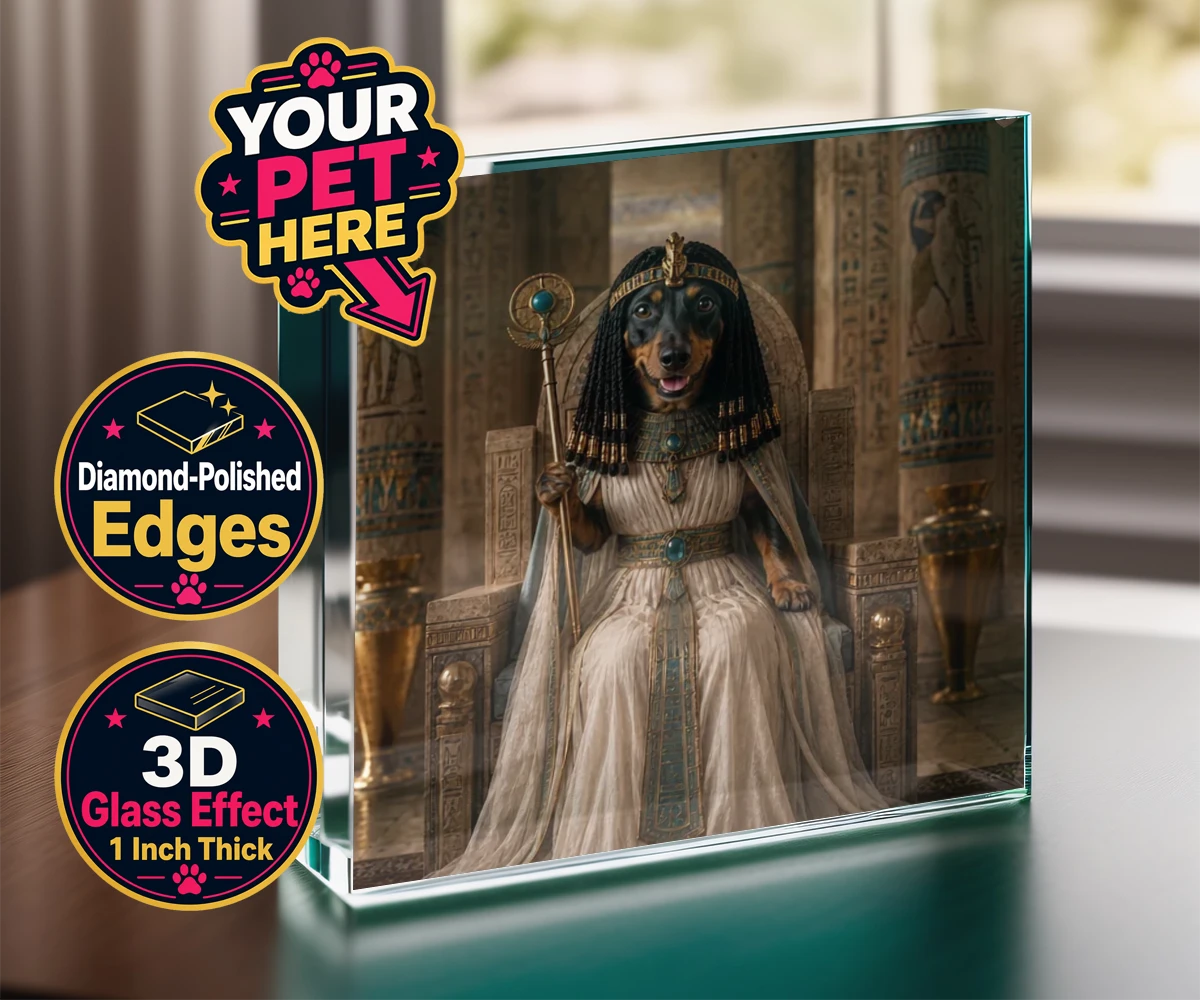 Personalised Queen Of The Nile dog acrylic prisms featuring step into the whimsical world of the Queen of the Nile, where your bel