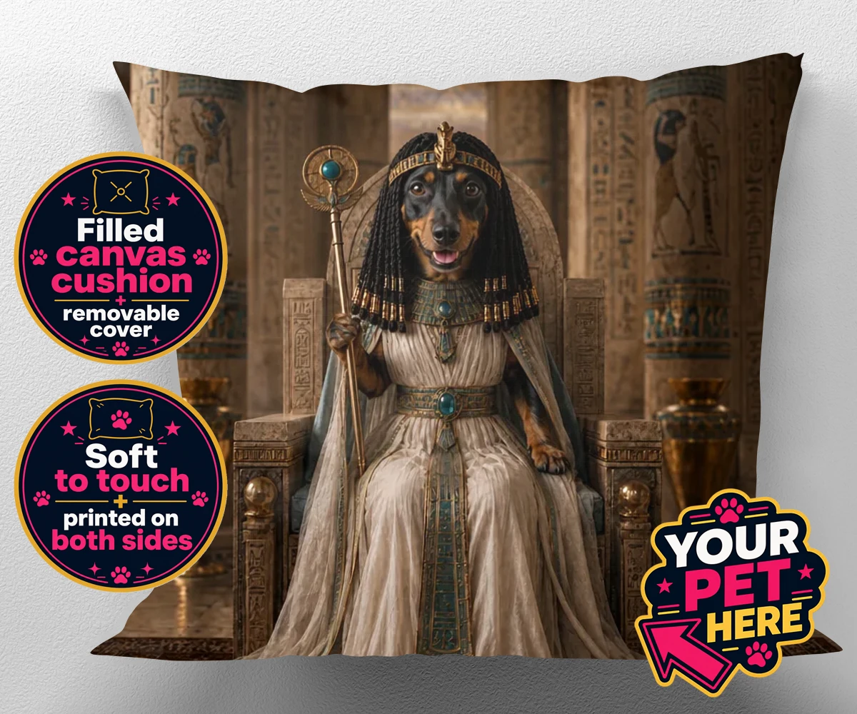 Personalised Queen Of The Nile dog canvas cushions featuring step into the whimsical world of the Queen of the Nile, where your bel