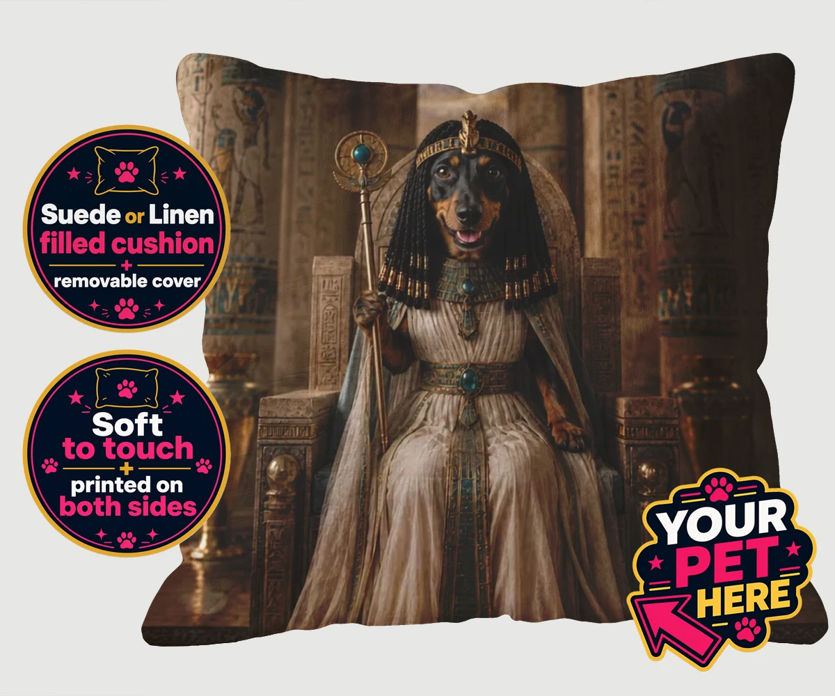 Personalised Queen Of The Nile dog cushions featuring step into the whimsical world of the Queen of the Nile, where your bel
