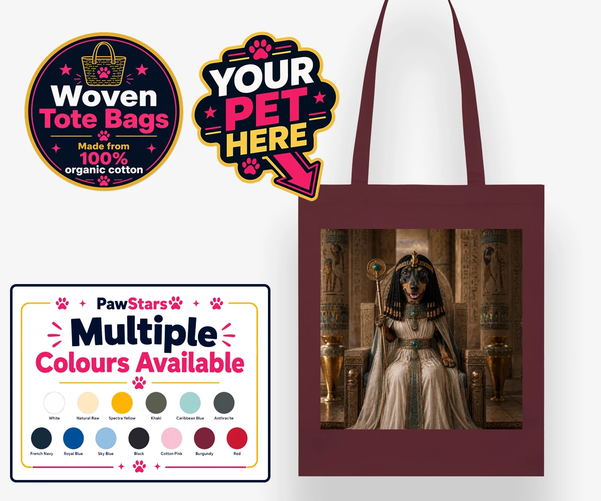 Personalised Queen Of The Nile dog woven tote bags featuring step into the whimsical world of the Queen of the Nile, where your bel
