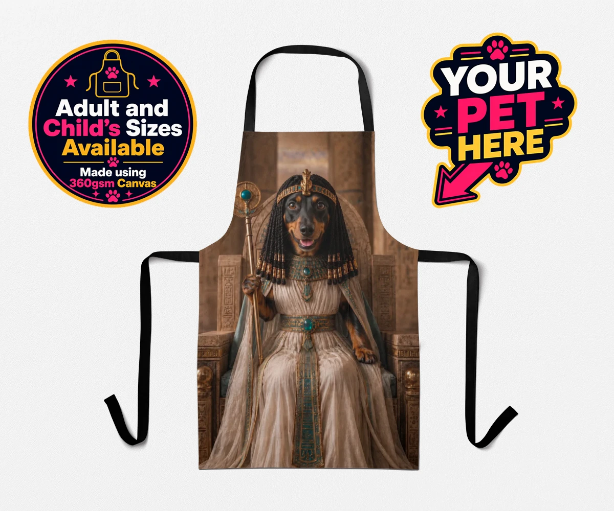 Personalised Queen Of The Nile dog aprons featuring step into the whimsical world of the Queen of the Nile, where your bel