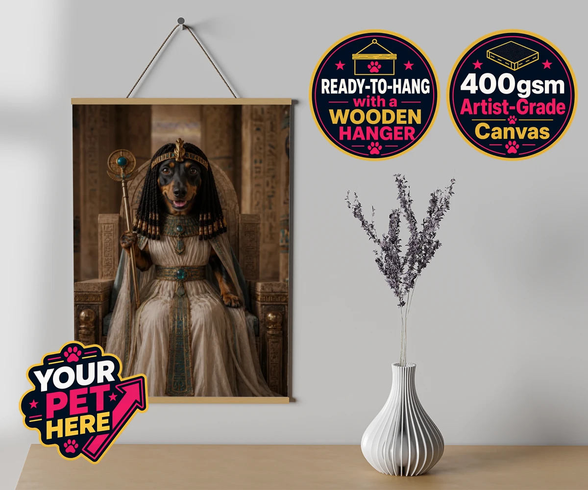 Personalised Queen Of The Nile dog canvas poster prints with hanger featuring step into the whimsical world of the Queen of the Nile, where your bel