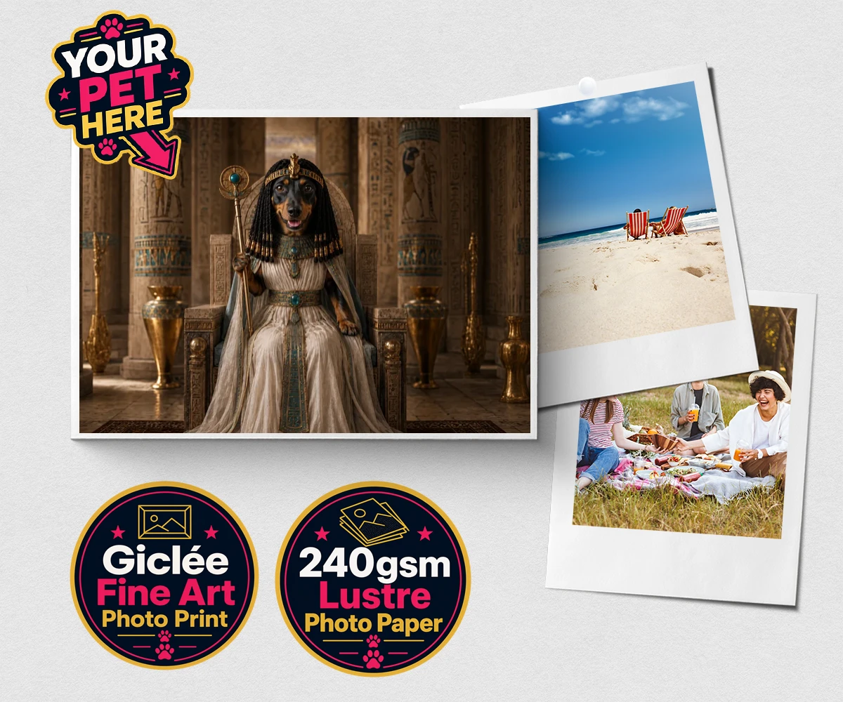 Personalised Queen Of The Nile dog premium photo print featuring step into the whimsical world of the Queen of the Nile, where your bel