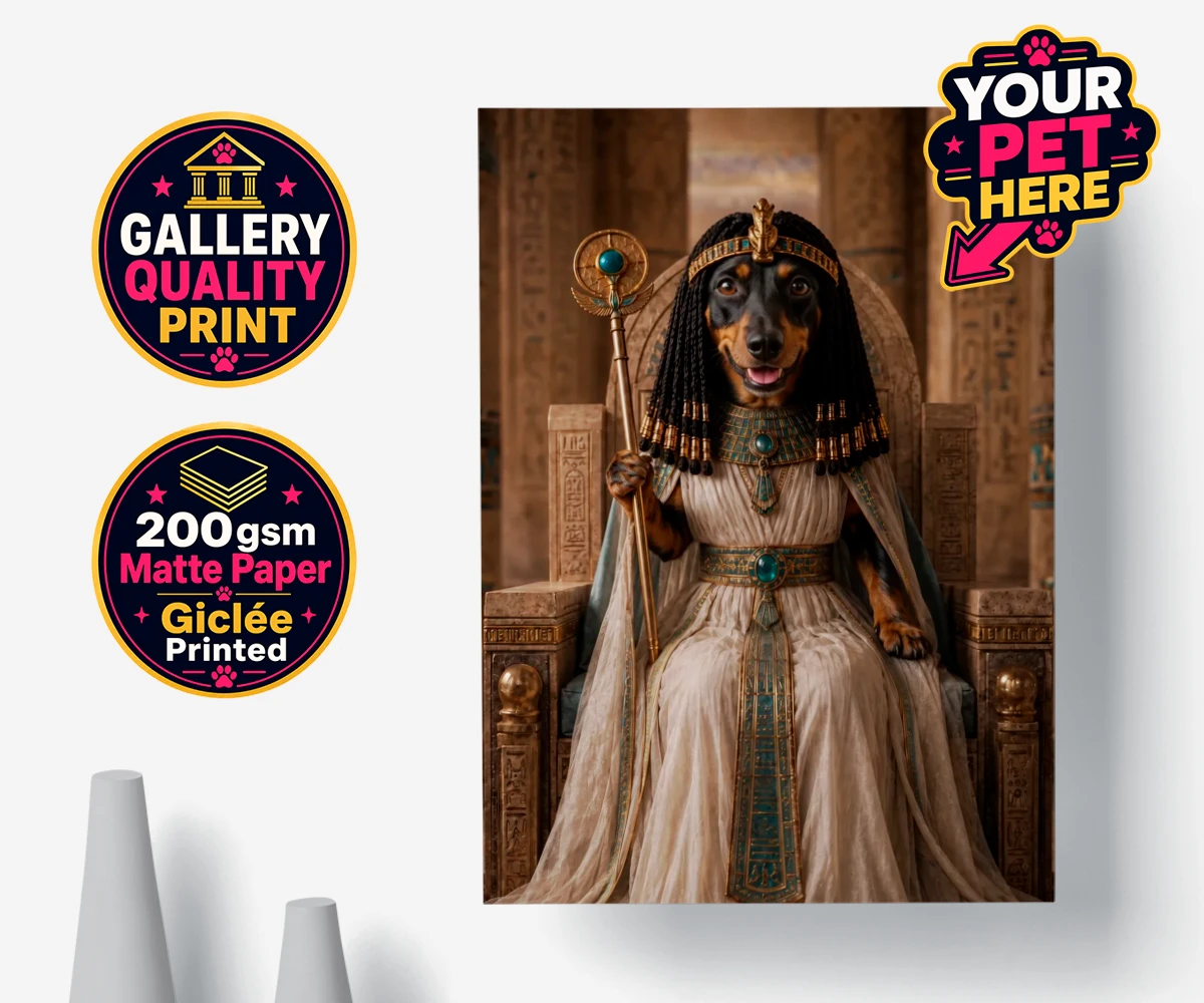 Personalised Queen Of The Nile dog premium poster print featuring step into the whimsical world of the Queen of the Nile, where your bel