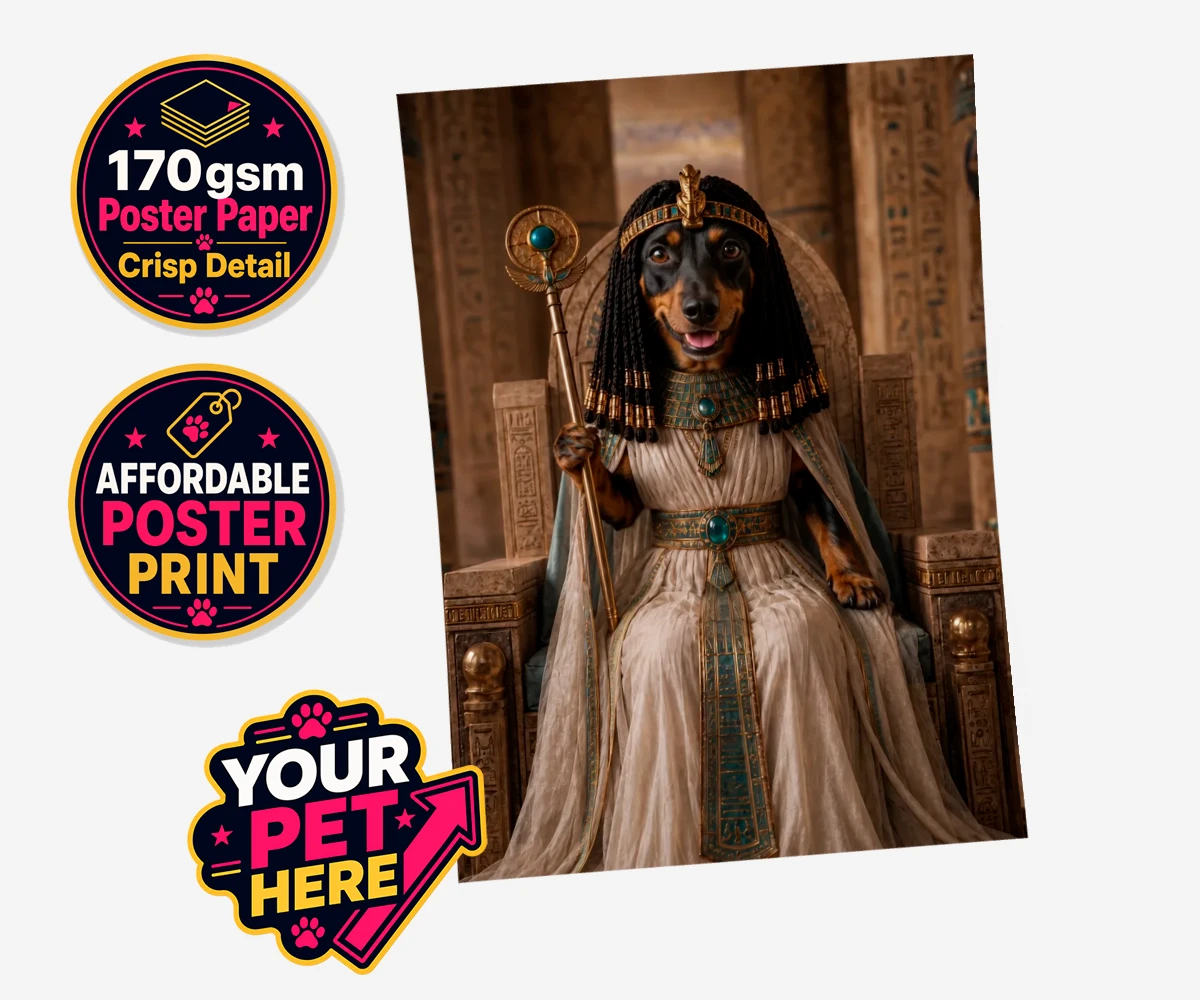 Personalised Queen Of The Nile dog standard poster print featuring step into the whimsical world of the Queen of the Nile, where your bel