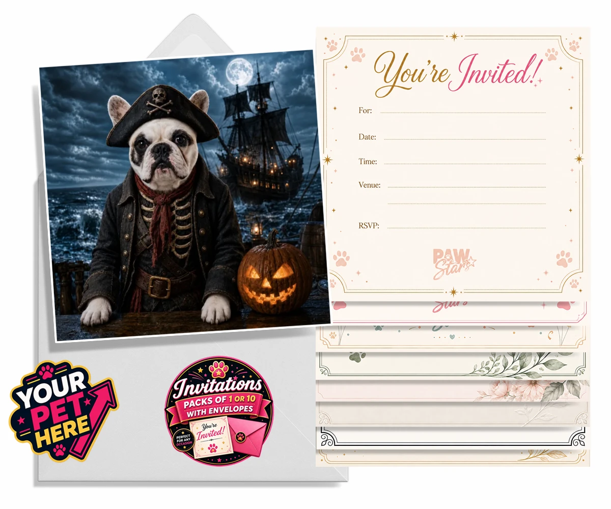 Personalised Pirate of the Phantom Seas dog invitations featuring set sail into a world of adventure with the enchanting Pirate of the P