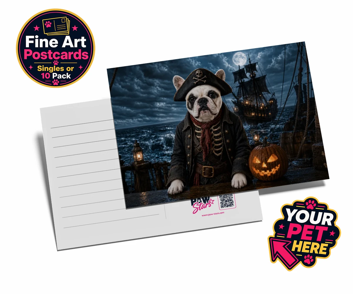 Personalised Pirate of the Phantom Seas dog postcards featuring set sail into a world of adventure with the enchanting Pirate of the P