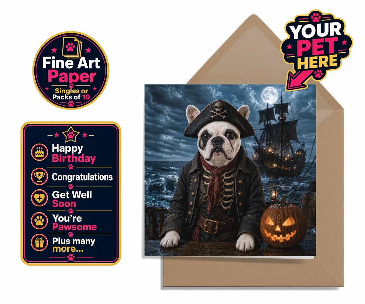 Personalised Pirate of the Phantom Seas dog premium greetings cards featuring set sail into a world of adventure with the enchanting Pirate of the P
