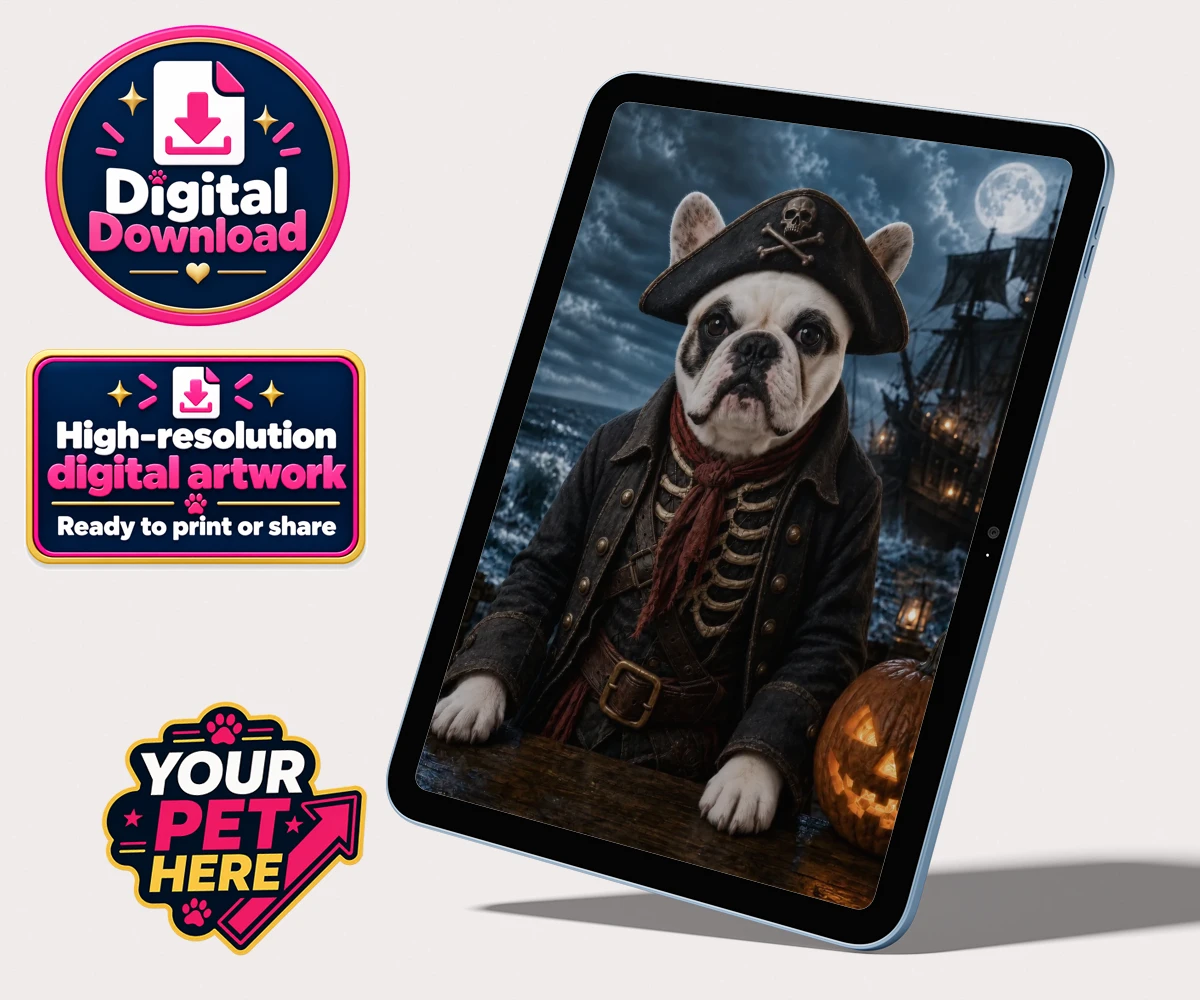 Personalised digital portrait of Pirate of the Phantom Seas, dog dressed in a pirate costume with a skull hat and a moonlit sea background