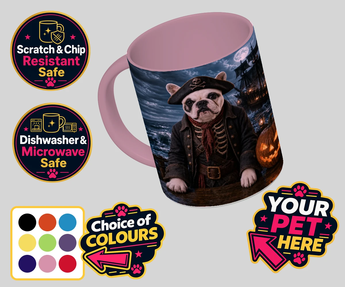 Personalised Pirate of the Phantom Seas dog coloured photo mugs featuring set sail into a world of adventure with the enchanting Pirate of the P