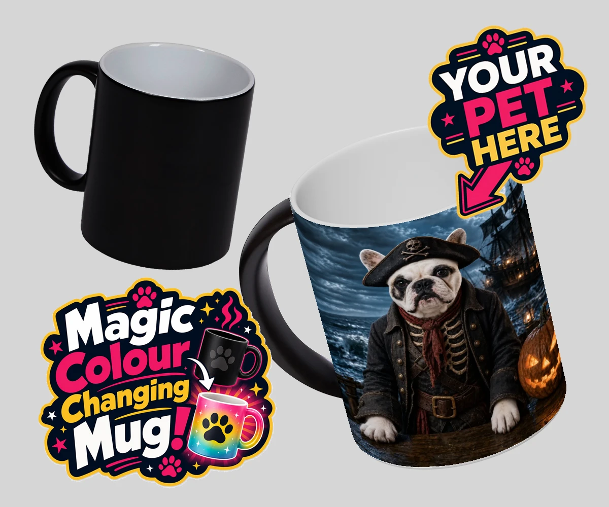 Personalised Pirate of the Phantom Seas dog magic photo mugs featuring set sail into a world of adventure with the enchanting Pirate of the P