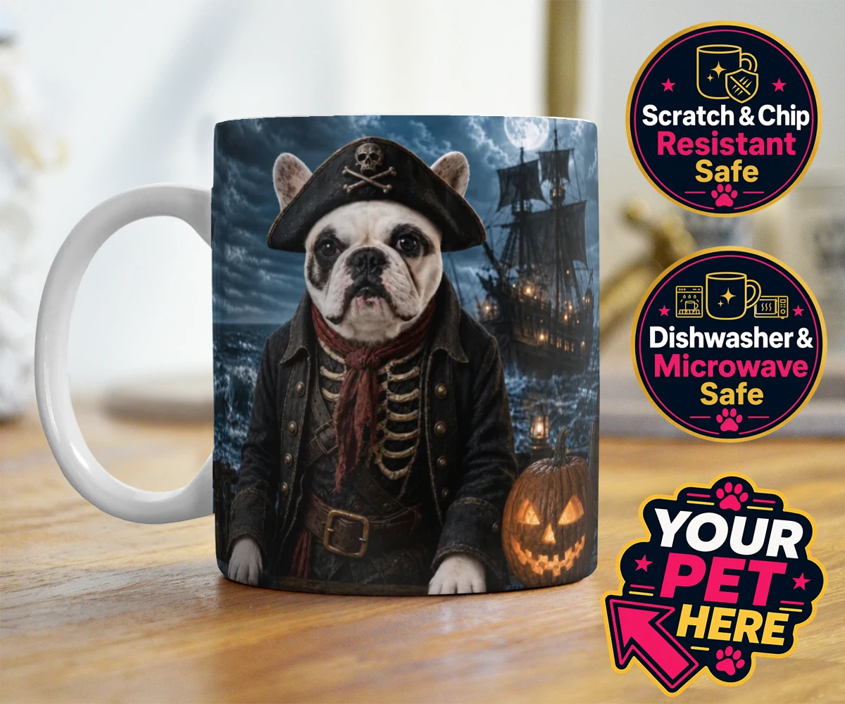 Personalised Pirate of the Phantom Seas dog photo mugs featuring set sail into a world of adventure with the enchanting Pirate of the P