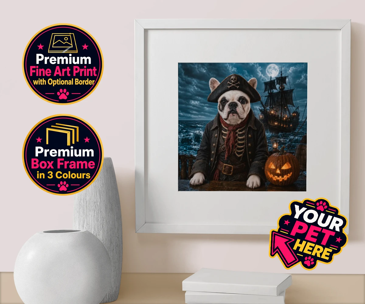 Personalised Pirate of the Phantom Seas dog box framed print featuring set sail into a world of adventure with the enchanting Pirate of the P