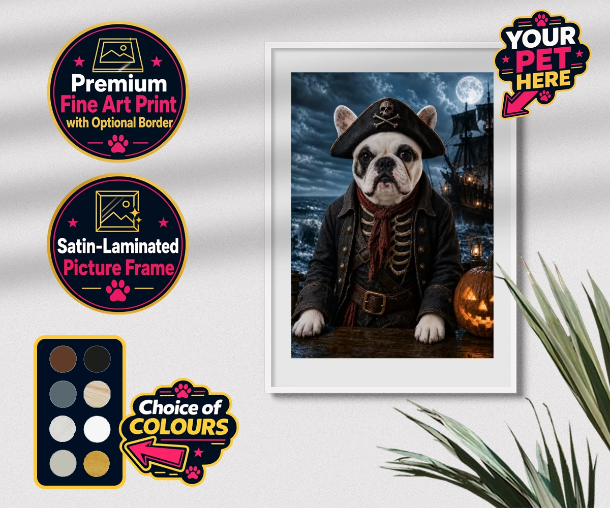 Personalised Pirate of the Phantom Seas dog premium framed print featuring set sail into a world of adventure with the enchanting Pirate of the P
