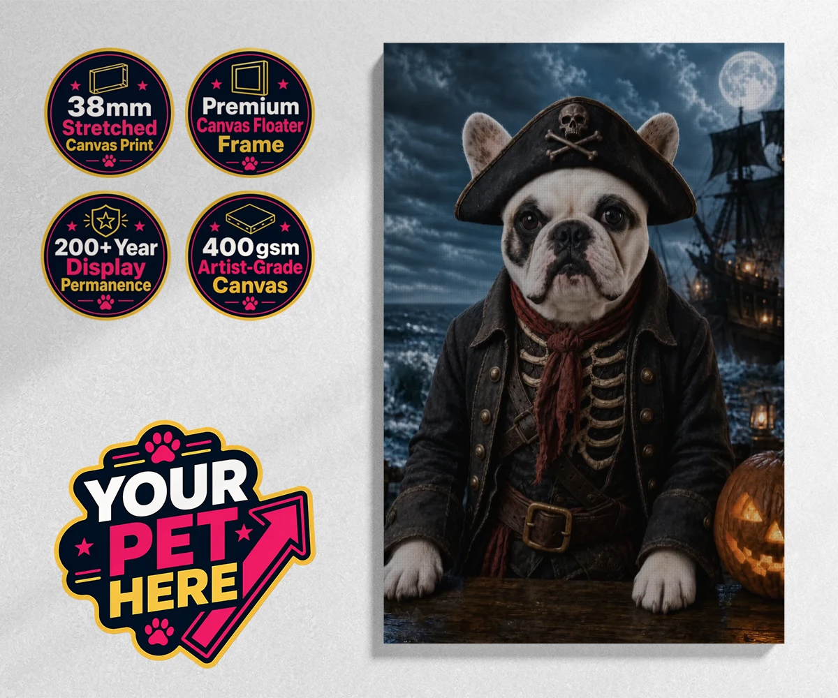 Personalised Pirate of the Phantom Seas dog stretched canvas print featuring set sail into a world of adventure with the enchanting Pirate of the P