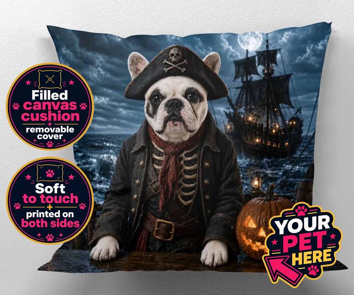 Personalised Pirate of the Phantom Seas dog canvas cushions featuring set sail into a world of adventure with the enchanting Pirate of the P