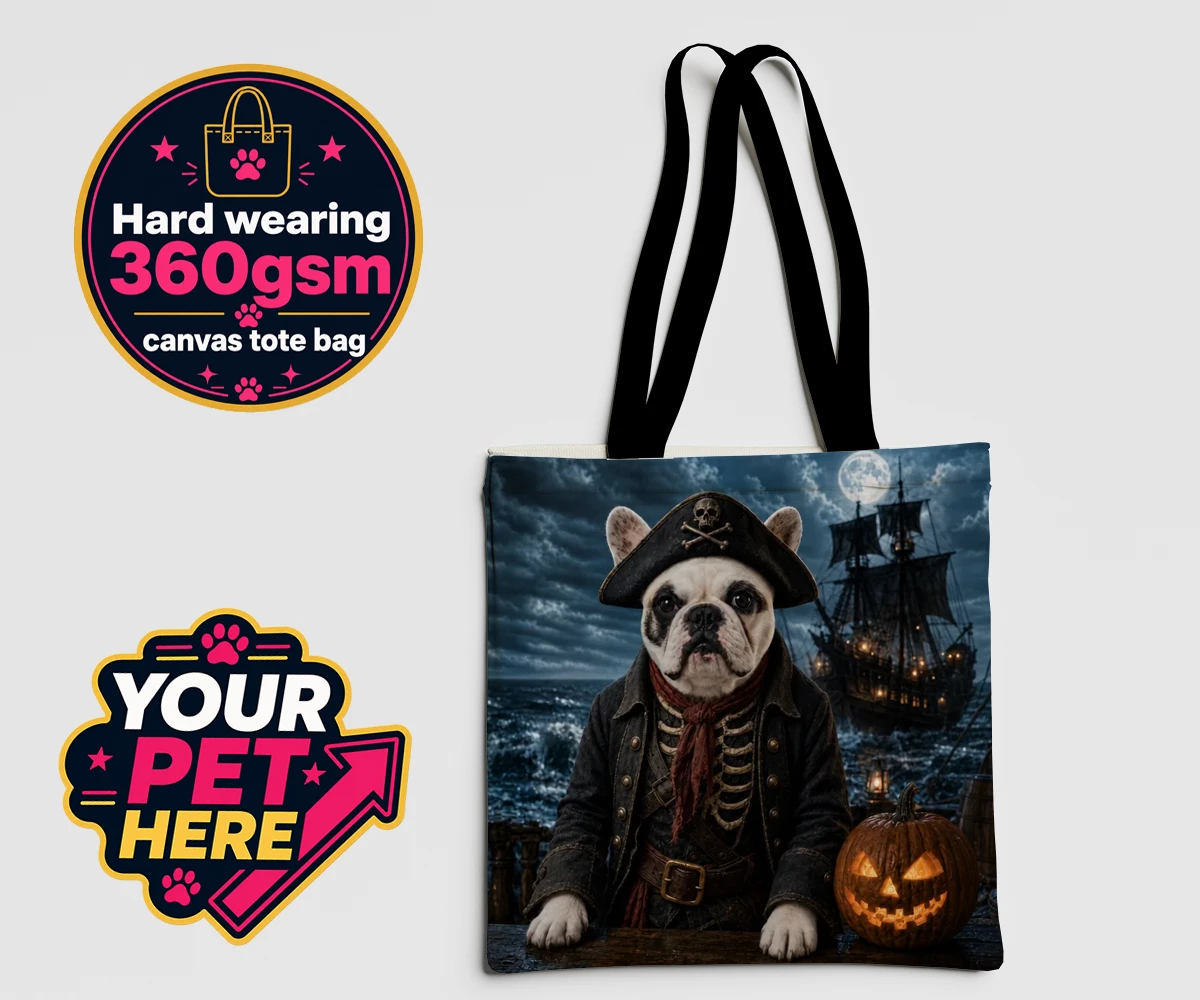 Personalised Pirate of the Phantom Seas dog canvas tote bags featuring set sail into a world of adventure with the enchanting Pirate of the P