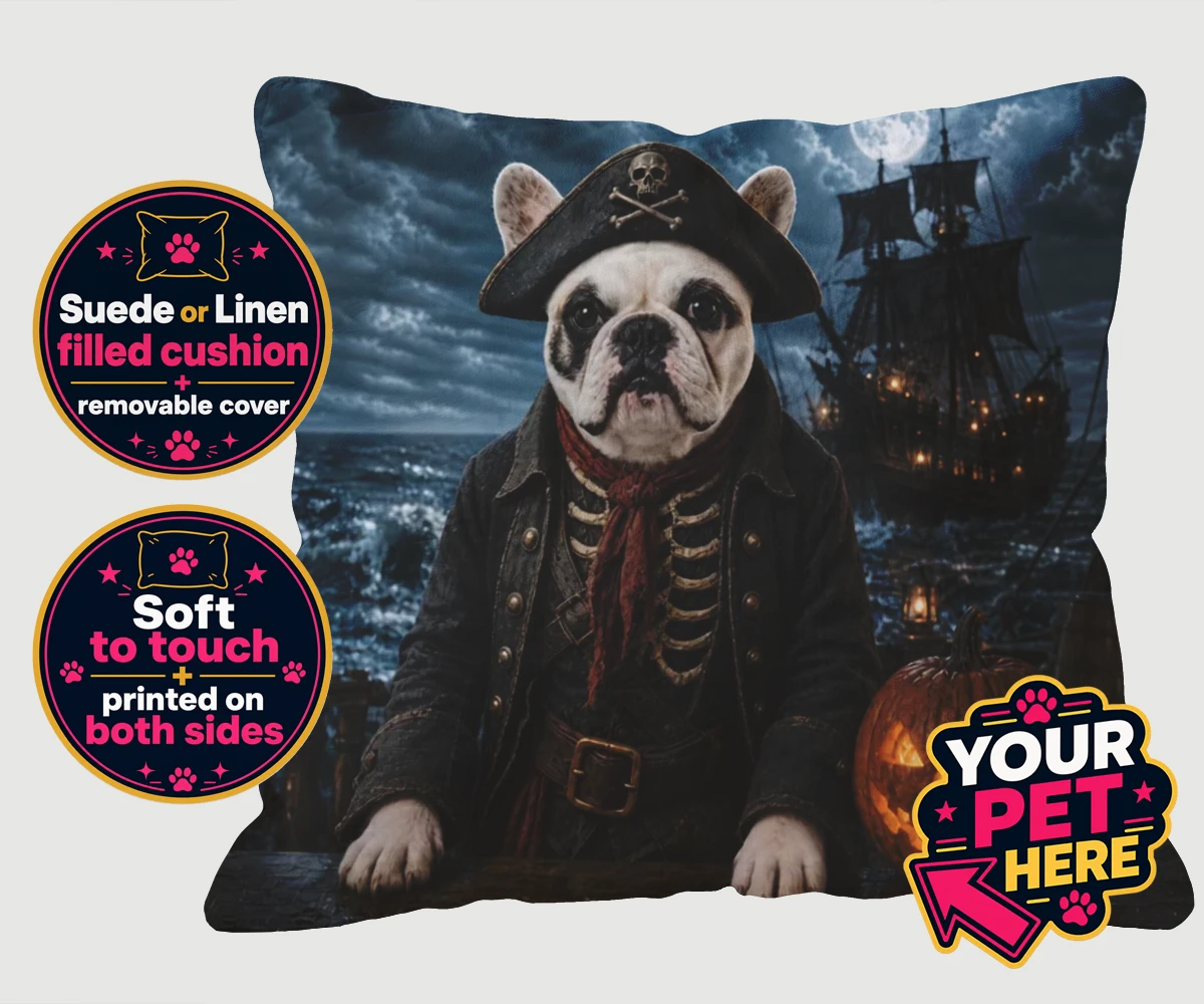 Personalised Pirate of the Phantom Seas dog cushions featuring set sail into a world of adventure with the enchanting Pirate of the P