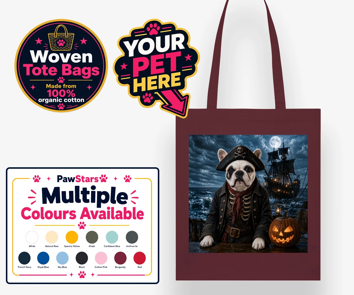 Personalised Pirate of the Phantom Seas dog woven tote bags featuring set sail into a world of adventure with the enchanting Pirate of the P