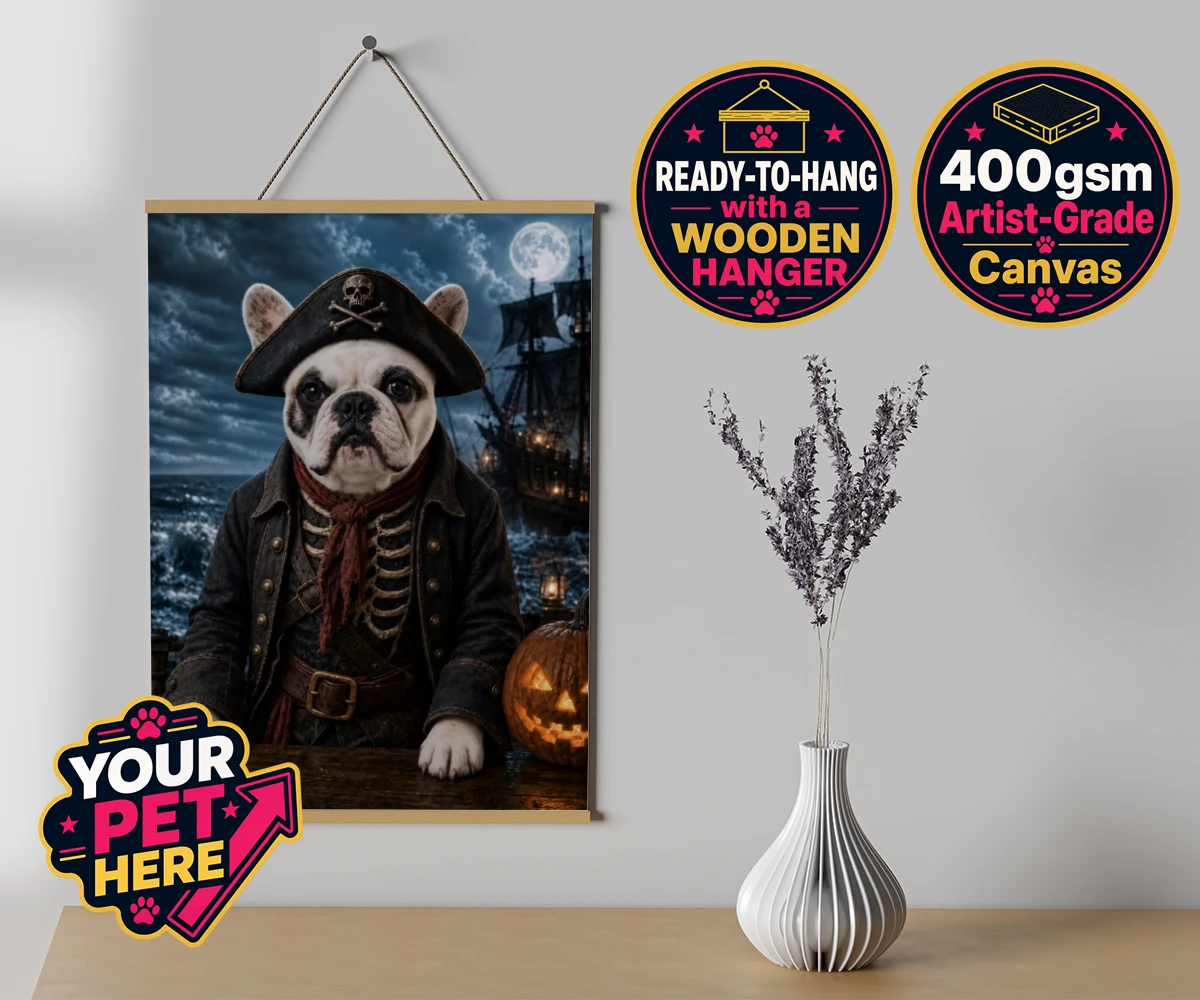 Personalised Pirate of the Phantom Seas dog canvas poster prints with hanger featuring set sail into a world of adventure with the enchanting Pirate of the P