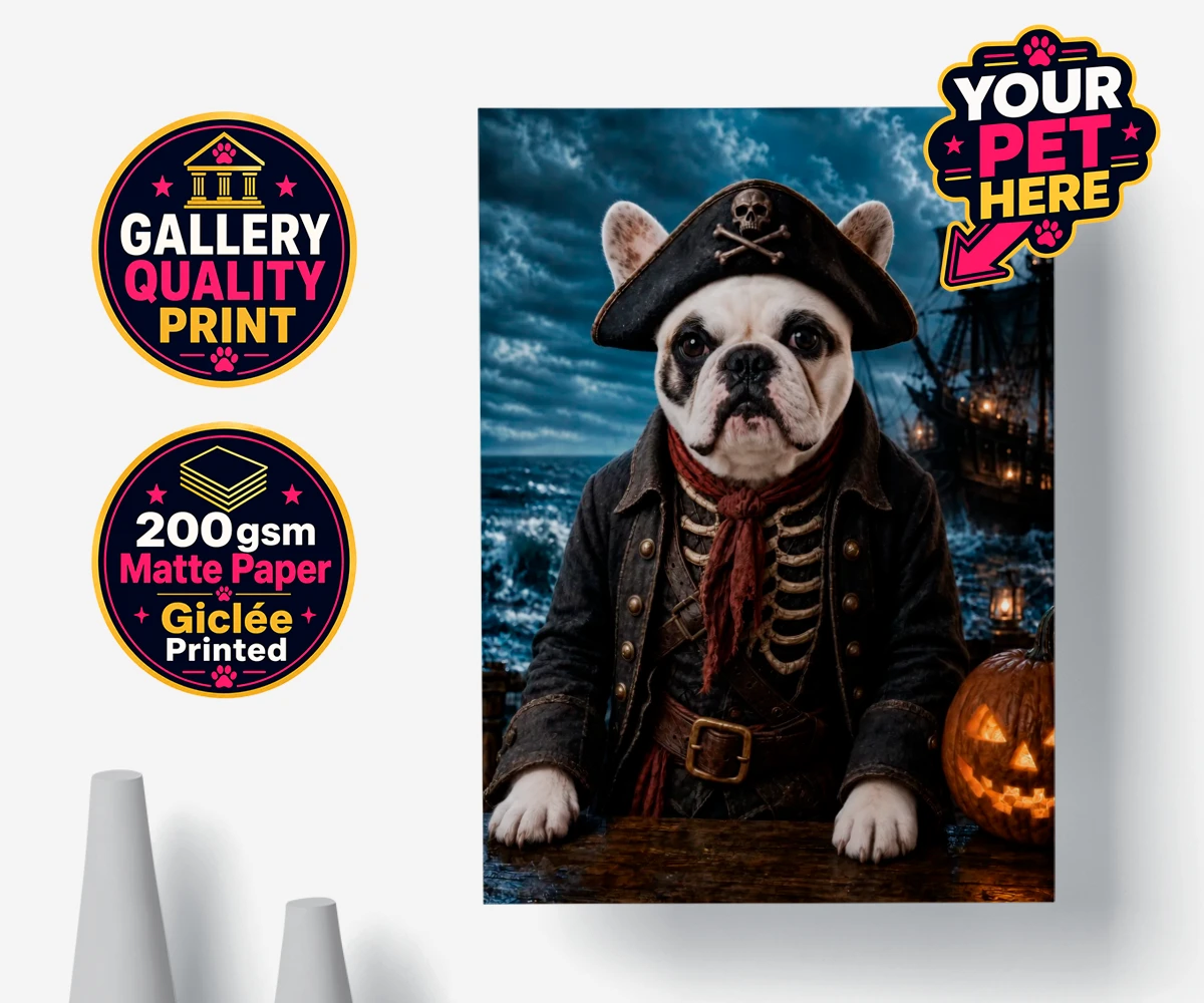 Personalised Pirate of the Phantom Seas dog premium poster print featuring set sail into a world of adventure with the enchanting Pirate of the P