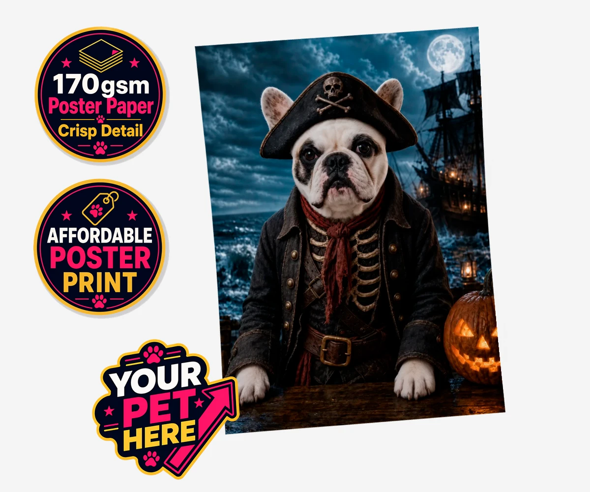 Personalised Pirate of the Phantom Seas dog standard poster print featuring set sail into a world of adventure with the enchanting Pirate of the P
