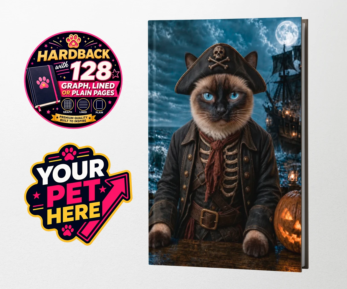 Personalised Pirate of the Phantom Seas cat hardback notebooks featuring set sail on a whimsical adventure with our Pirate of the Phantom Seas