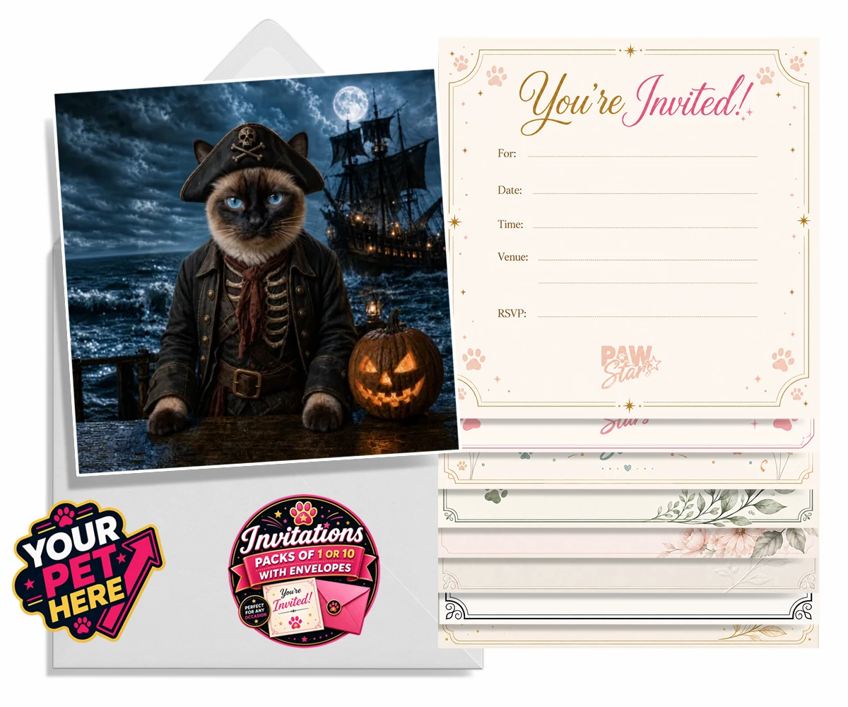 Personalised Pirate of the Phantom Seas cat invitations featuring set sail on a whimsical adventure with our Pirate of the Phantom Seas