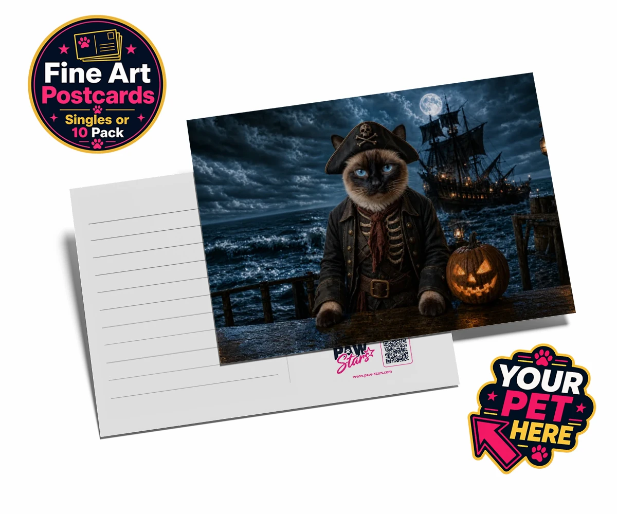 Personalised Pirate of the Phantom Seas cat postcards featuring set sail on a whimsical adventure with our Pirate of the Phantom Seas