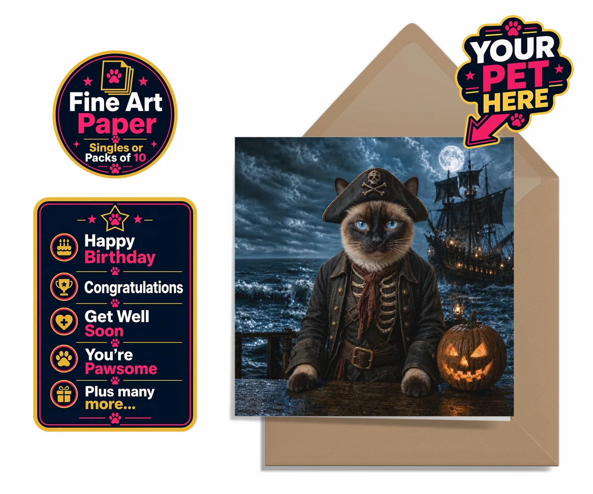 Personalised Pirate of the Phantom Seas cat premium greetings cards featuring prepare to set sail on the high seas of imagination with our captivati