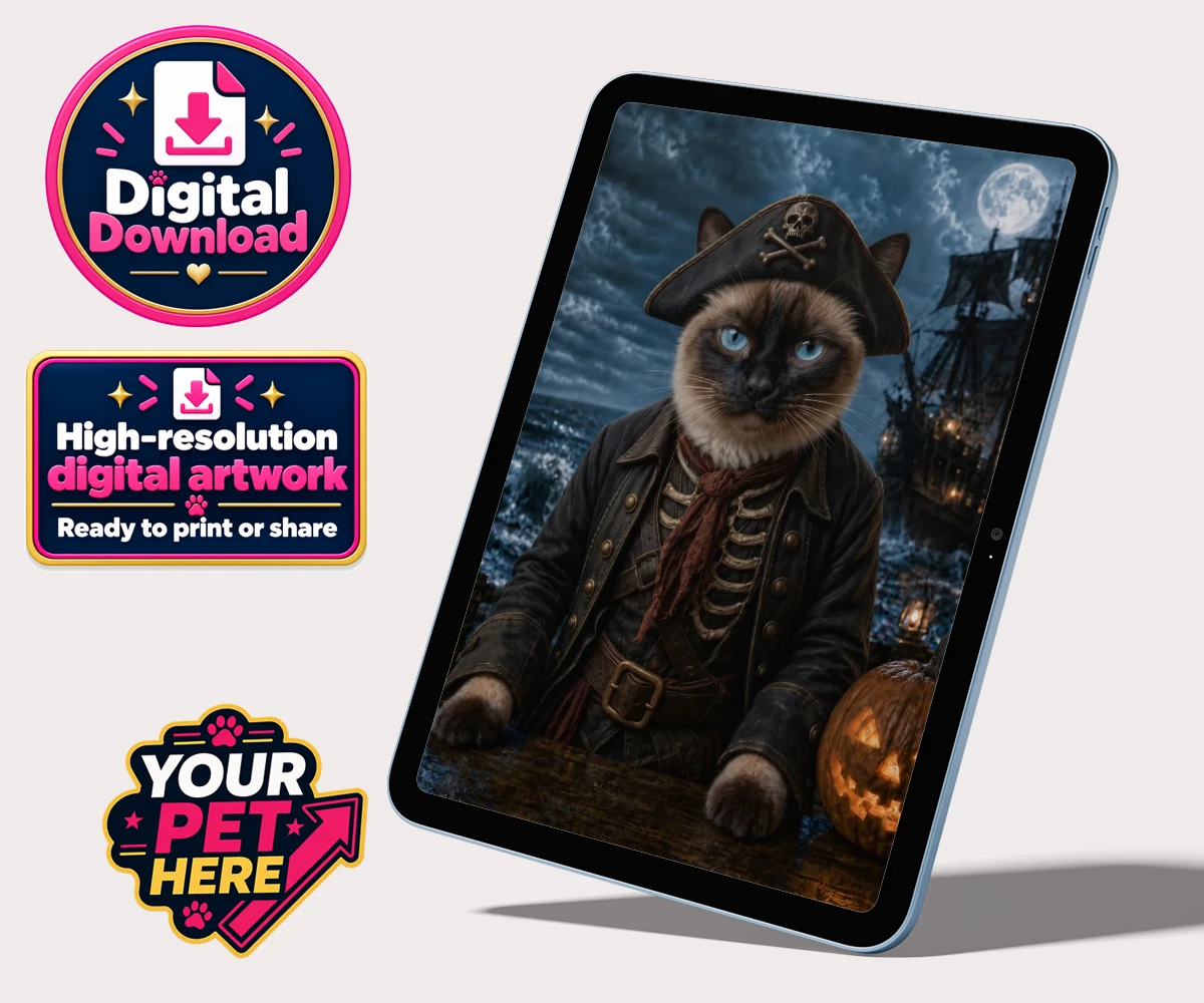 Personalised digital portrait of Pirate of the Phantom Seas cat character, featuring a pirate hat and skeleton vest against a stormy sea backdrop