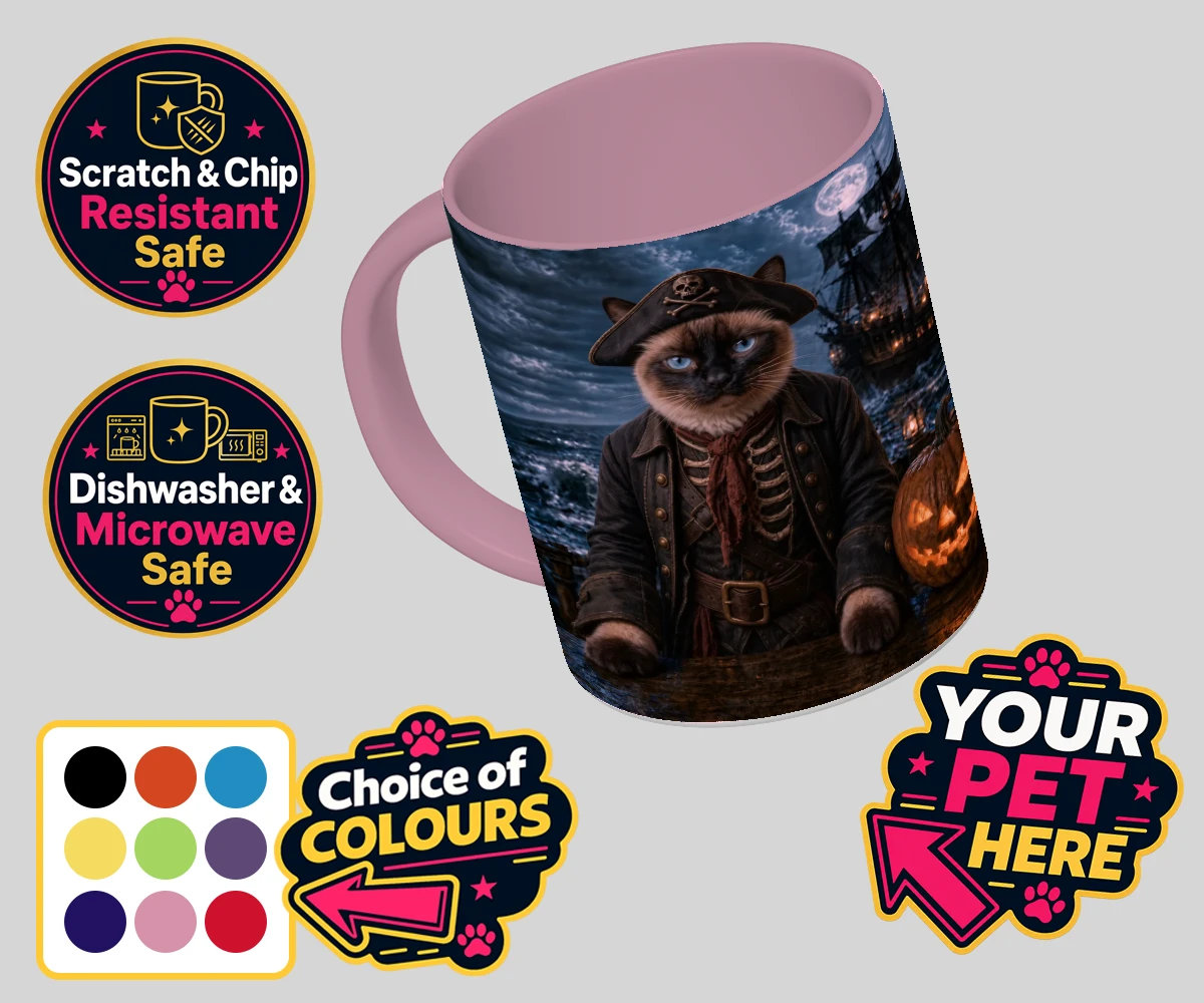 Personalised Pirate of the Phantom Seas cat coloured photo mugs featuring set sail on a whimsical adventure with our Pirate of the Phantom Seas