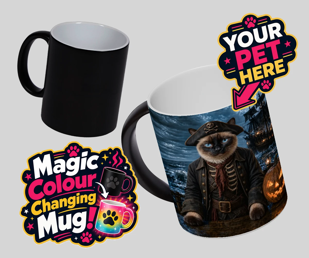 Personalised Pirate of the Phantom Seas cat magic photo mugs featuring set sail on a whimsical adventure with our Pirate of the Phantom Seas