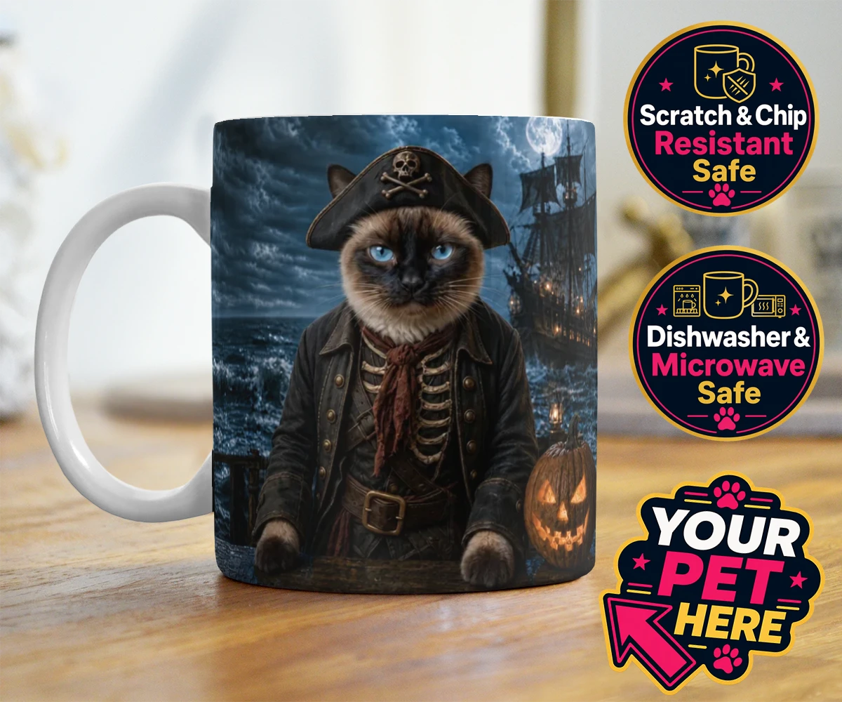 Personalised Pirate of the Phantom Seas cat photo mugs featuring set sail on a whimsical adventure with our Pirate of the Phantom Seas