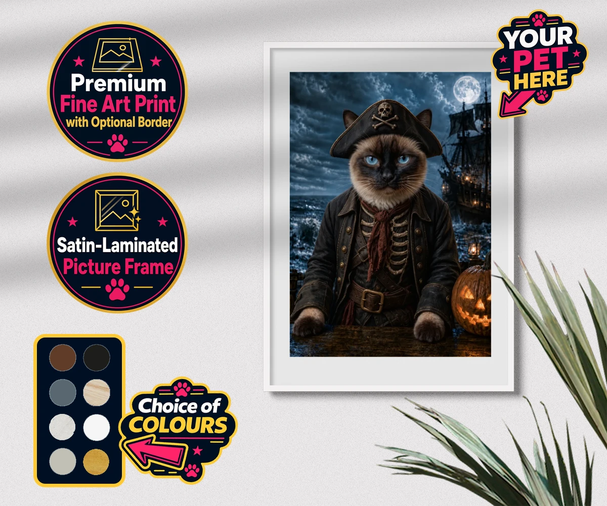 Personalised Pirate of the Phantom Seas cat premium framed print featuring set sail on a whimsical adventure with our Pirate of the Phantom Seas