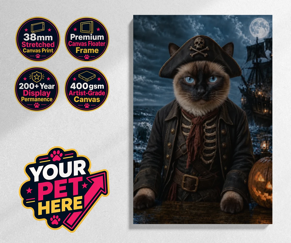 Personalised Pirate of the Phantom Seas cat stretched canvas print featuring set sail on a whimsical adventure with our Pirate of the Phantom Seas