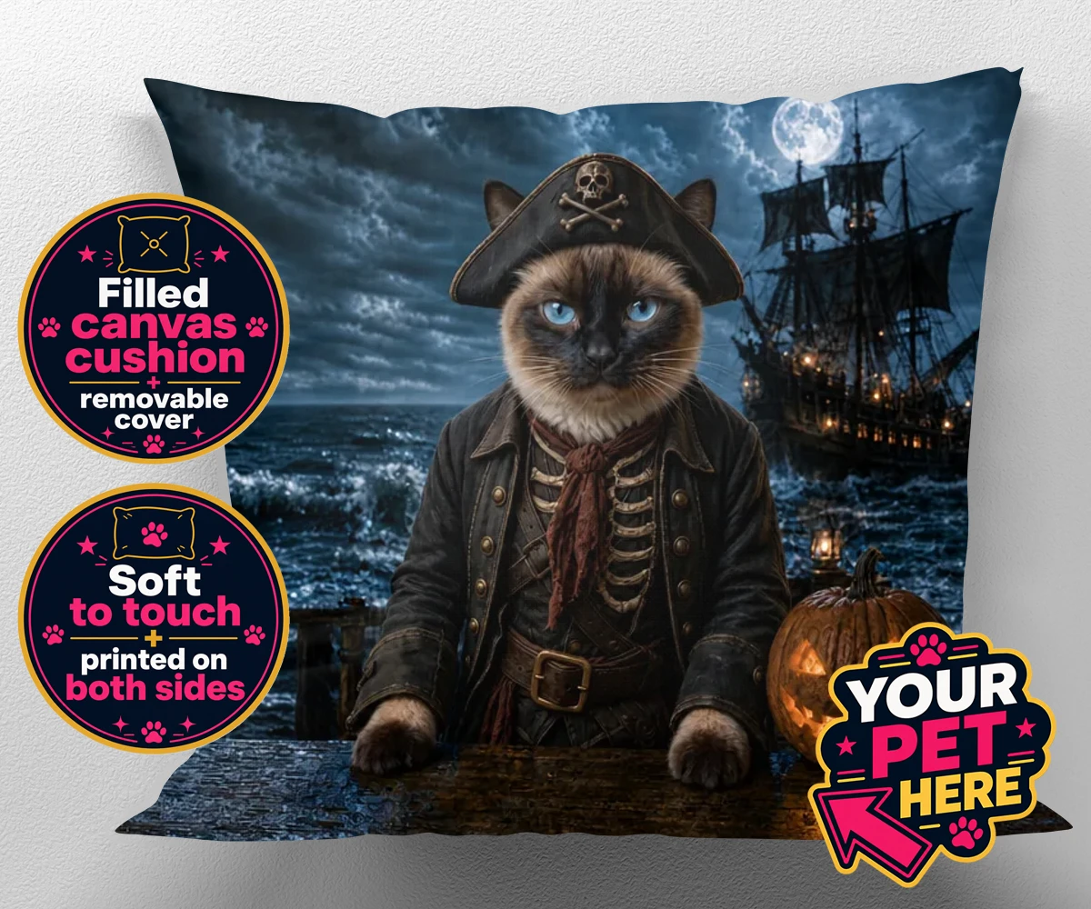 Personalised Pirate of the Phantom Seas cat canvas cushions featuring set sail on a whimsical adventure with our Pirate of the Phantom Seas
