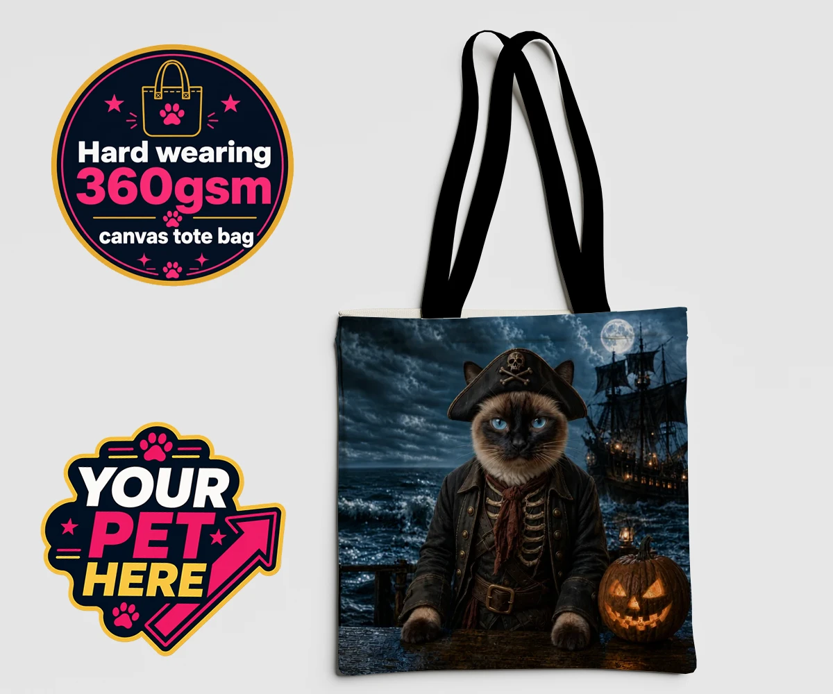 Personalised Pirate of the Phantom Seas cat canvas tote bags featuring set sail on a whimsical adventure with our Pirate of the Phantom Seas