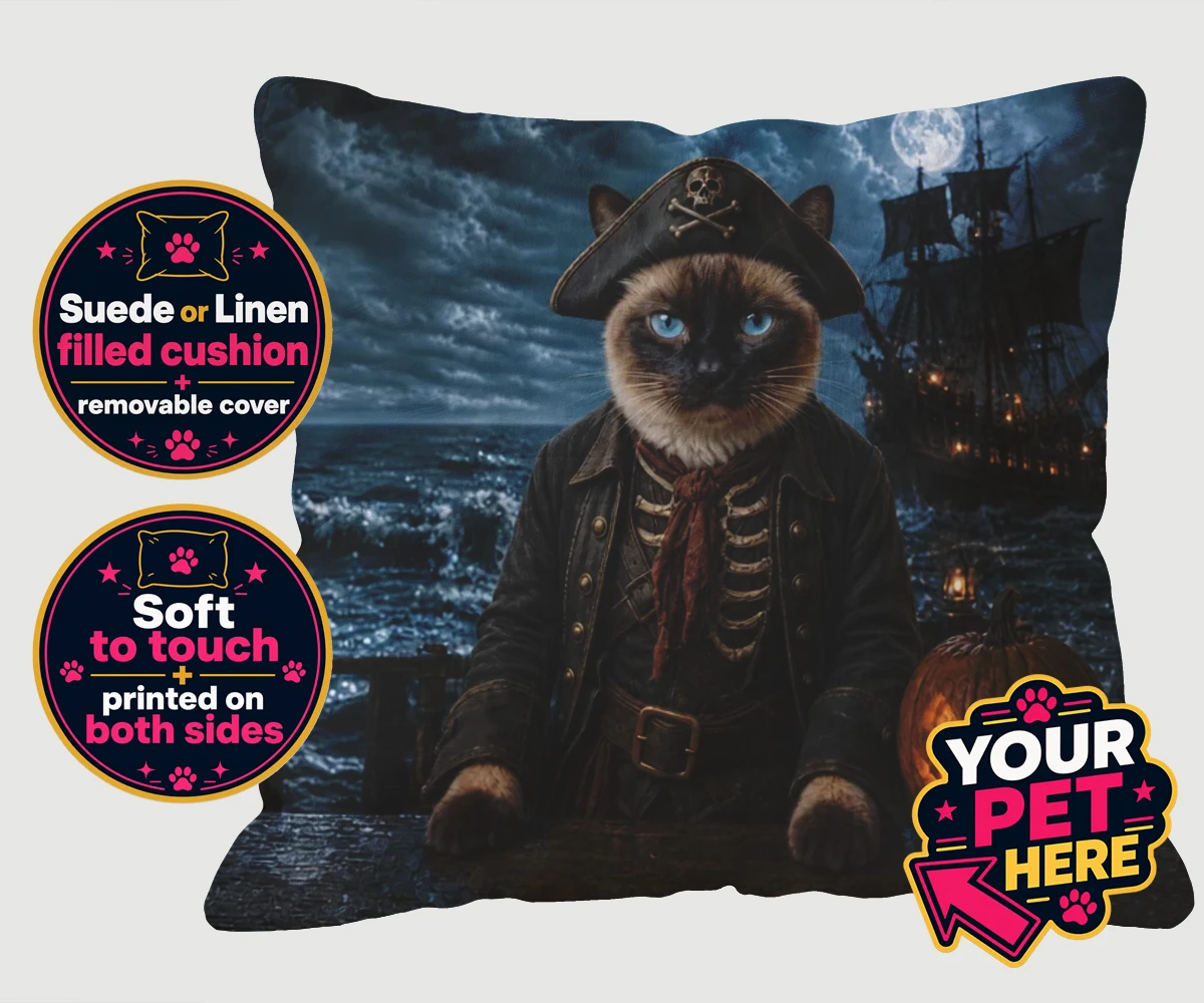 Personalised Pirate of the Phantom Seas cat cushions featuring set sail on a whimsical adventure with our Pirate of the Phantom Seas