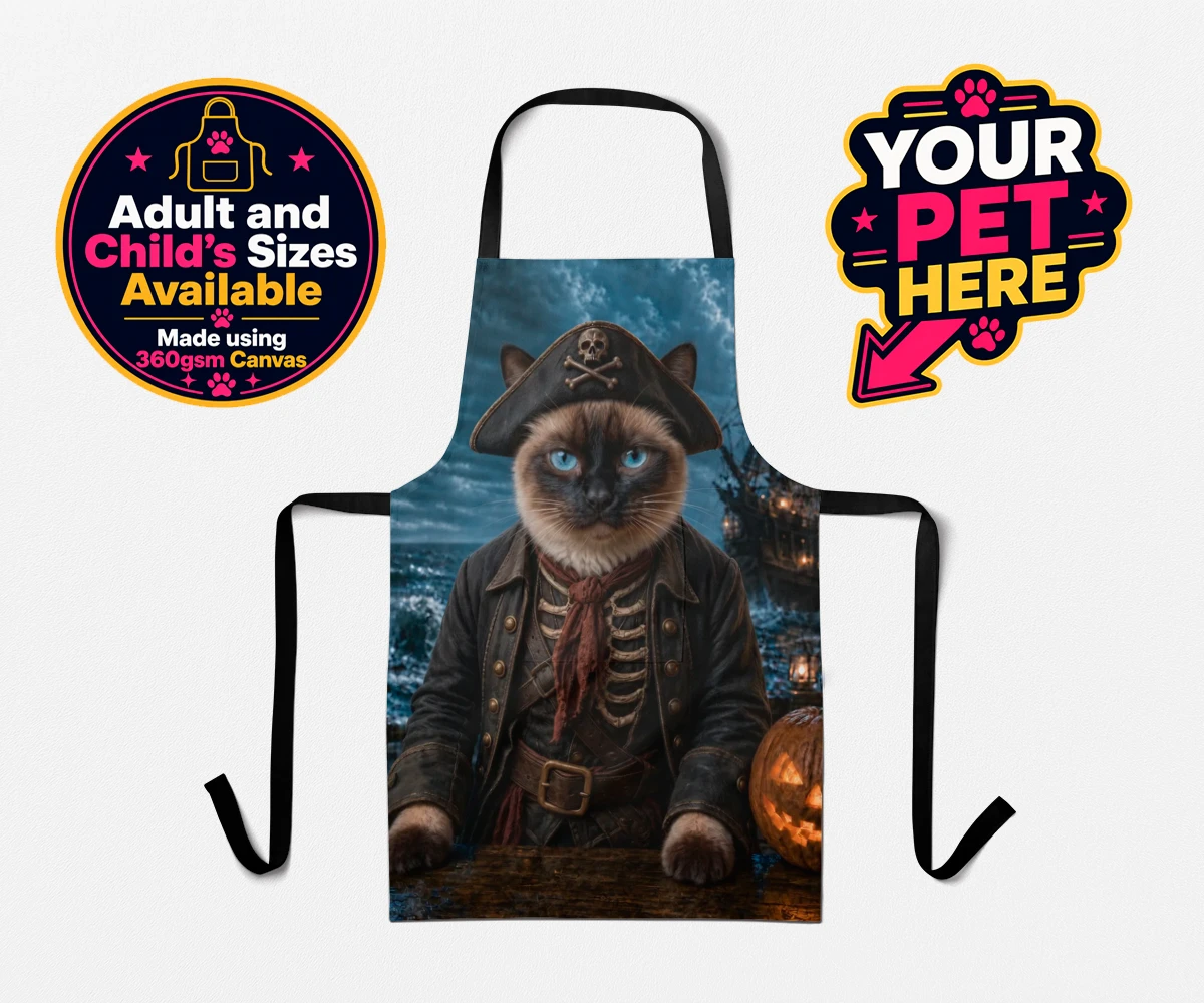 Personalised Pirate of the Phantom Seas cat aprons featuring set sail on a whimsical adventure with our Pirate of the Phantom Seas