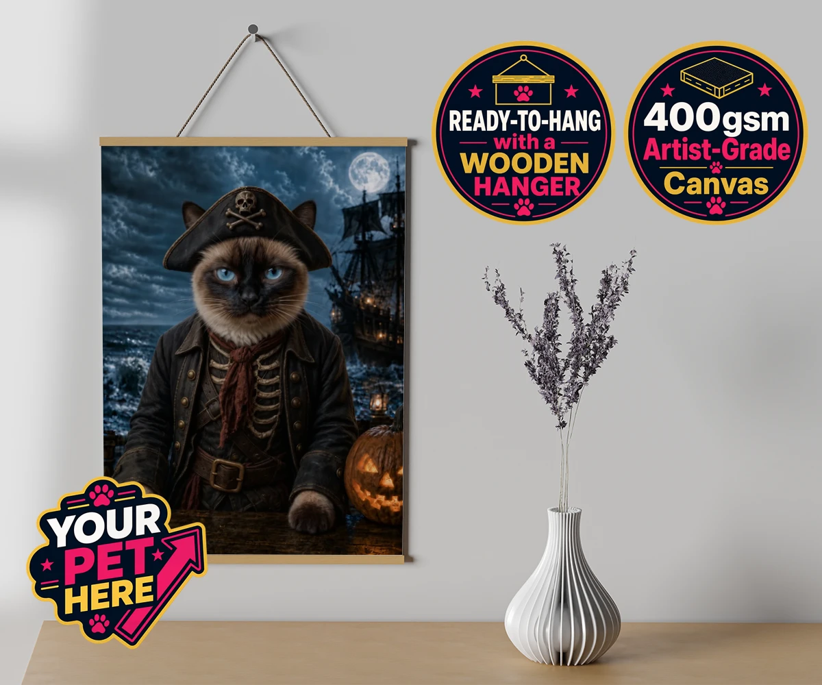 Personalised Pirate of the Phantom Seas cat canvas poster prints with hanger featuring set sail on a whimsical adventure with our Pirate of the Phantom Seas