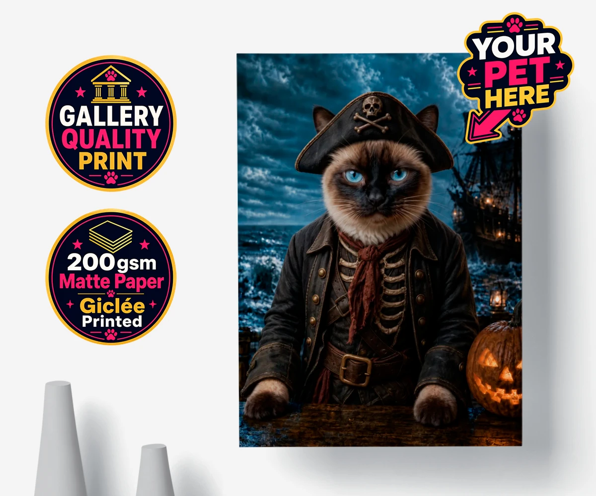 Personalised Pirate of the Phantom Seas cat premium poster print featuring set sail on a whimsical adventure with our Pirate of the Phantom Seas