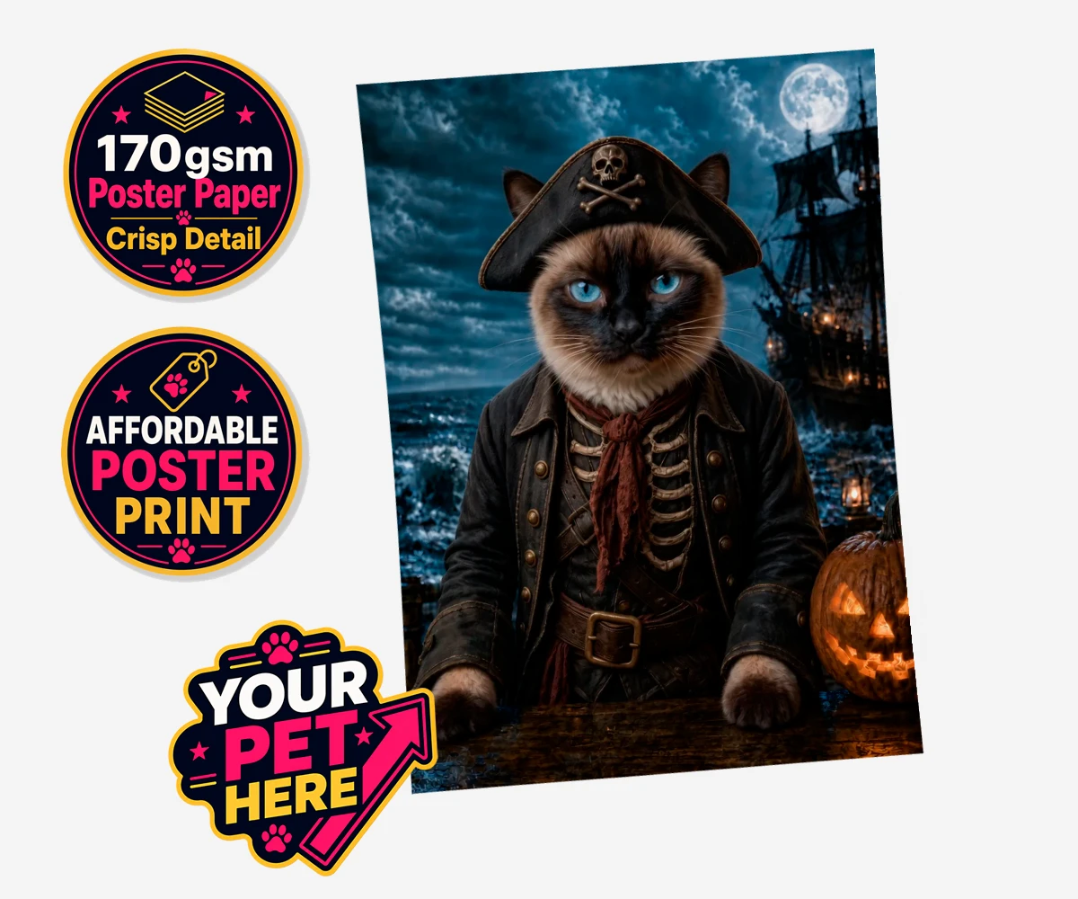 Personalised Pirate of the Phantom Seas cat standard poster print featuring set sail on a whimsical adventure with our Pirate of the Phantom Seas