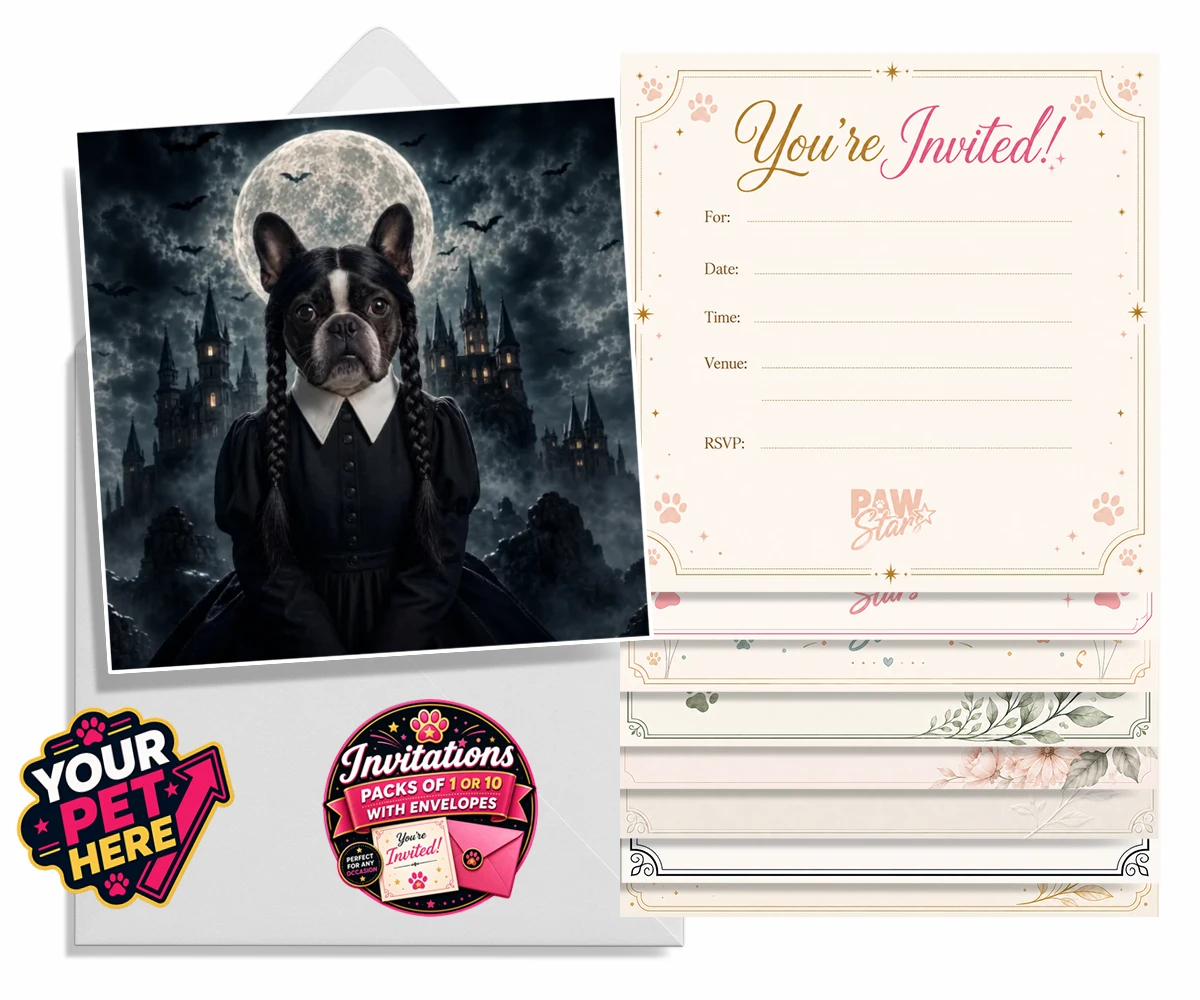 Personalised Gothic Paw Girl dog invitations featuring a stunning portrait that captures your beloved pooch in a delightfully